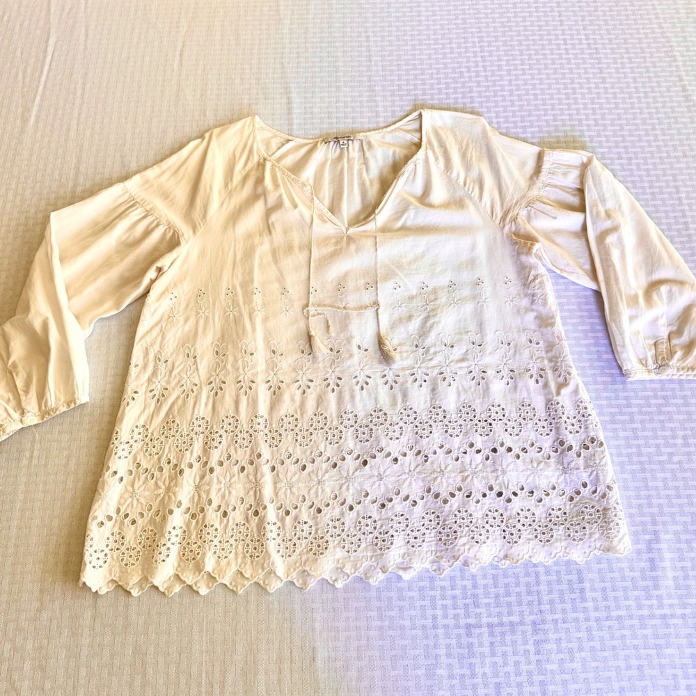 Madewell Cream Eyelet Lace Peasant Blouse Cotton Boho Tassel Top Medium